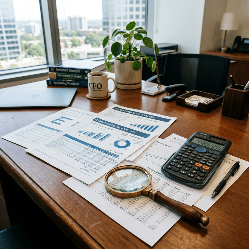 Financial reports, calculator, magnifying glass, coffee mug, and plant on office desk