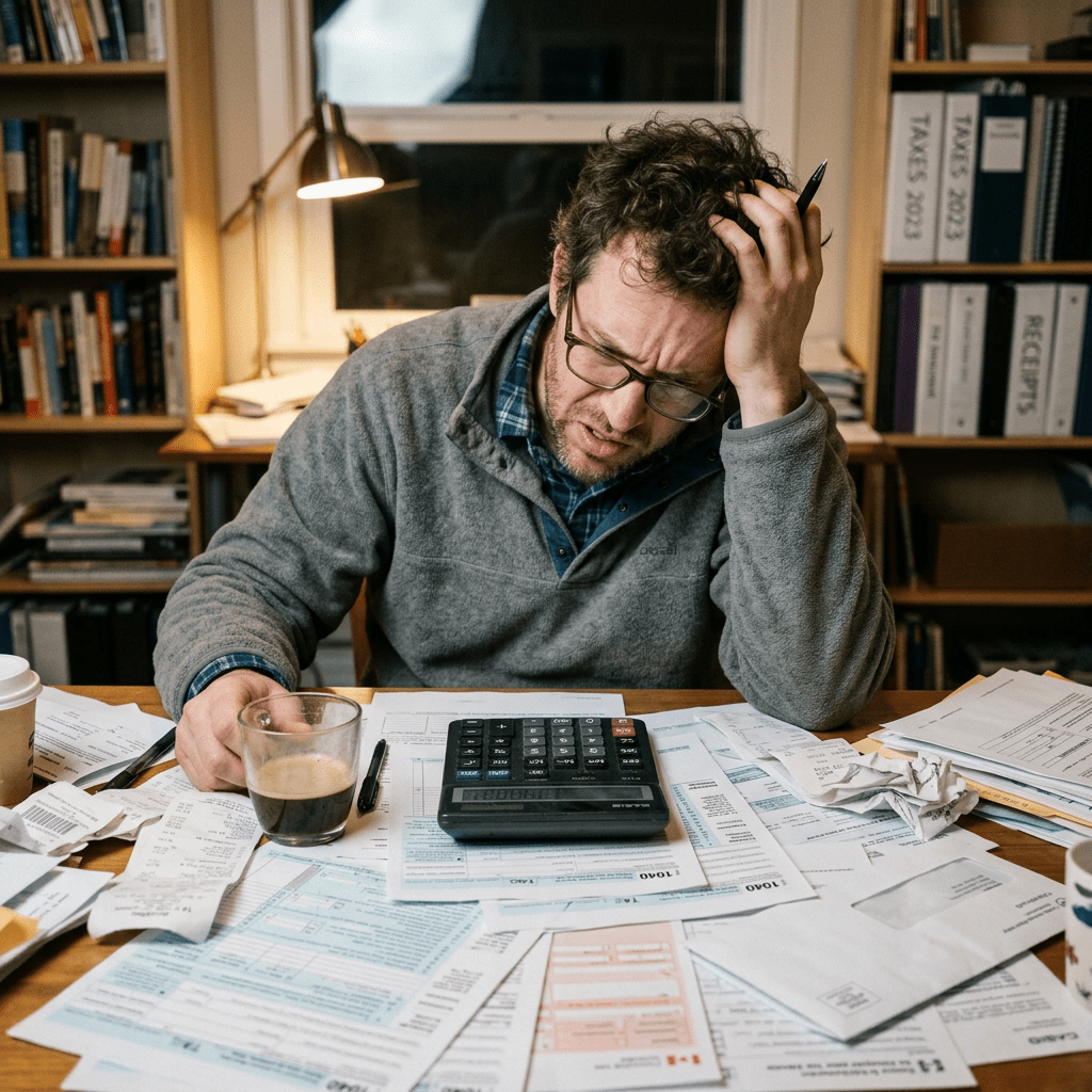 Man with glasses holding his head looking stressed at a desk with tax forms and calculator
