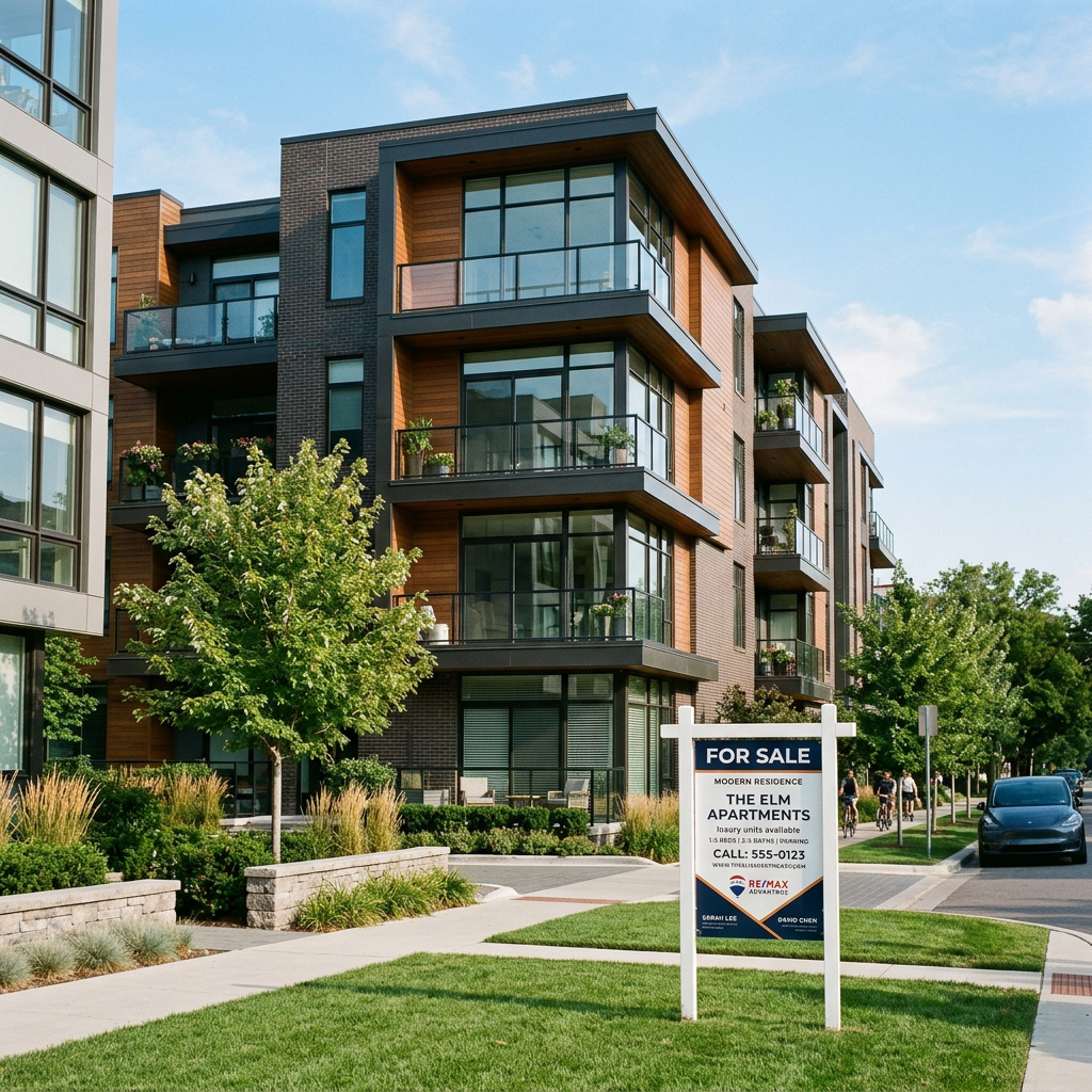 Modern apartment building with balconies and for sale sign in front