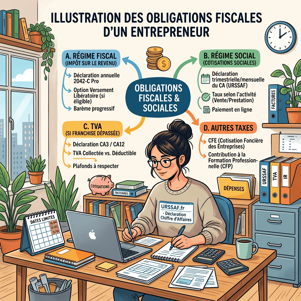 Illustration showing an entrepreneur working at a desk surrounded by tax obligation categories including fiscal regime, social regime, VAT, and other taxes.