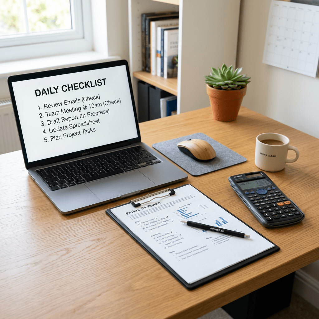 Laptop displaying a daily checklist, clipboard with project report, calculator, coffee mug, mouse, and potted plant on wooden desk
