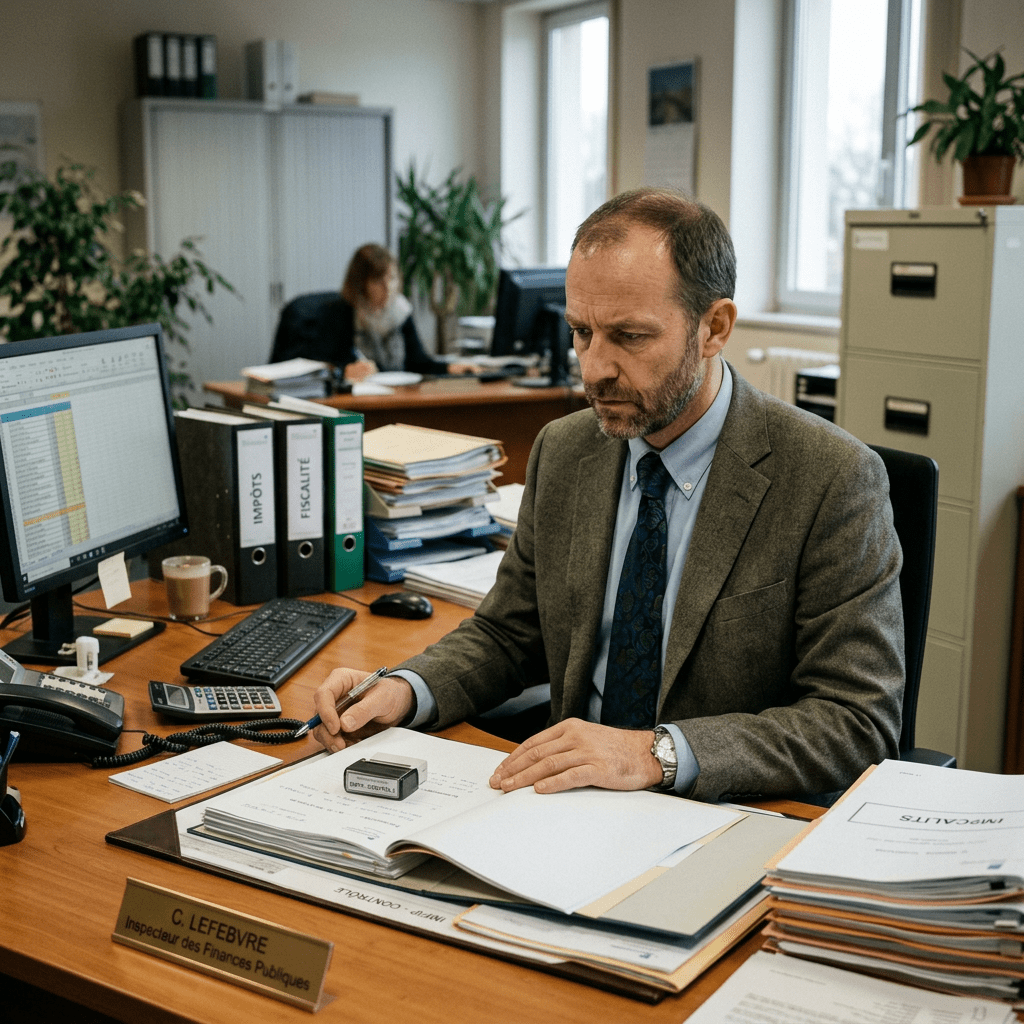 Man in office reviewing financial documents with organized files