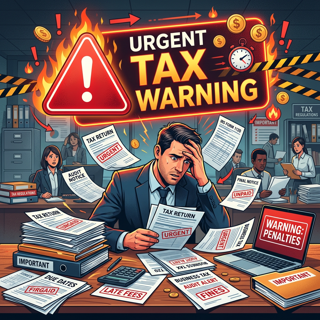 Stressed man at desk surrounded by urgent tax papers, warnings, and penalty alerts