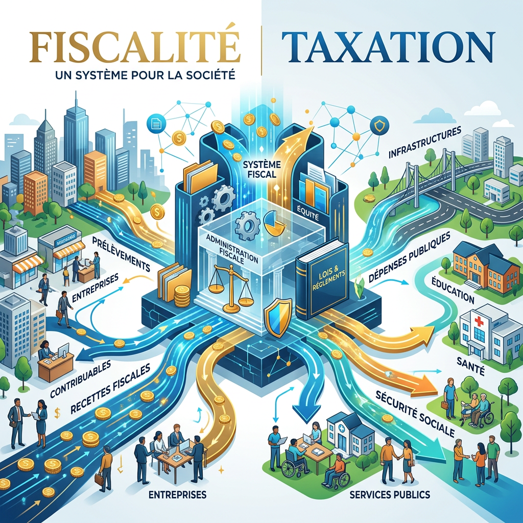 Diagram showing taxation system with fiscal administration collecting taxes from businesses and individuals and funding public services like healthcare, education, and infrastructure