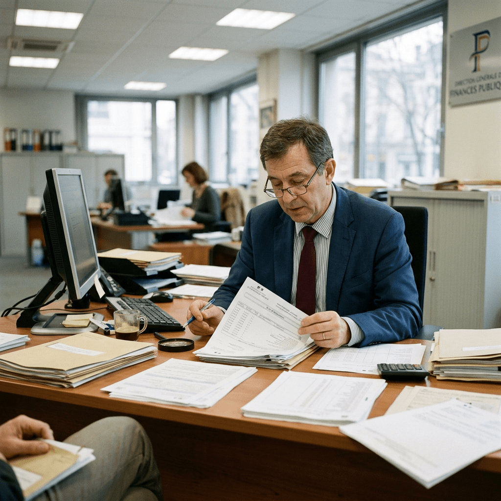 Man in suit and glasses reviewing financial documents at office desk