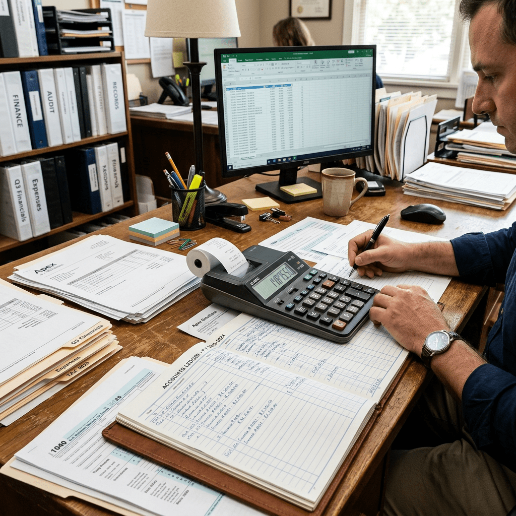 Person calculating and recording financial data with calculator and ledger