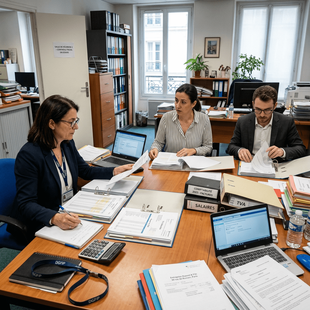 Three professionals reviewing financial and accounting documents at a desk