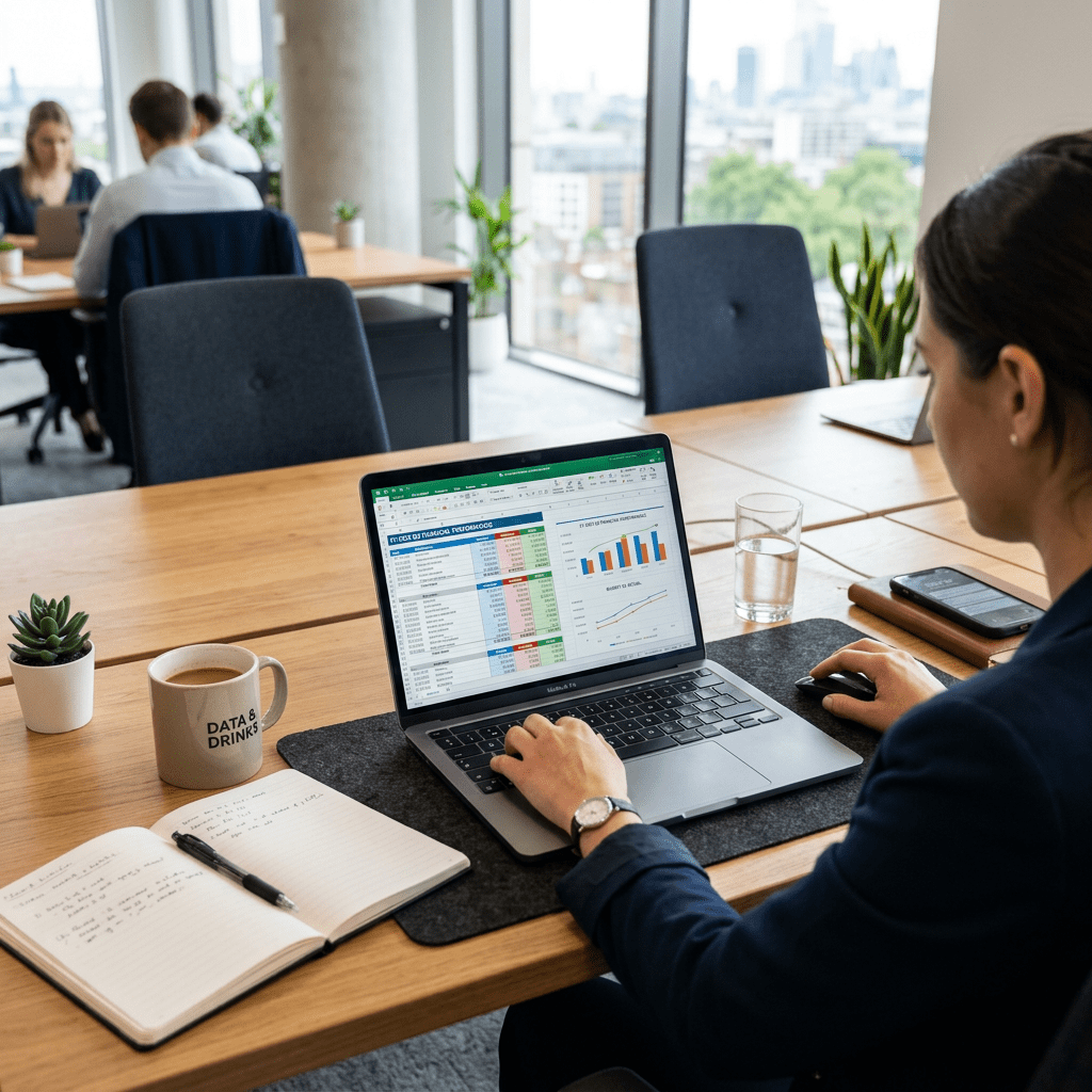 Person using laptop to analyze data with charts and tables on screen