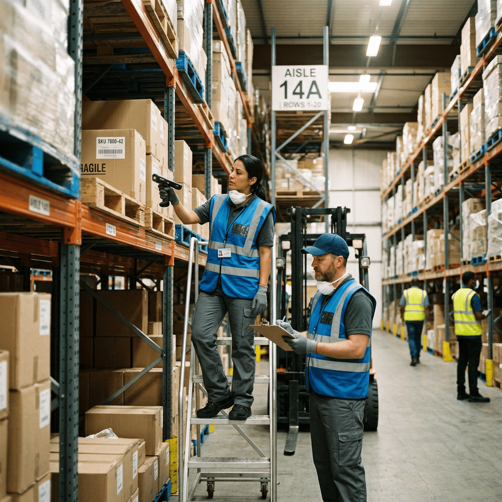 Warehouse workers scanning barcodes on boxes and checking inventory records