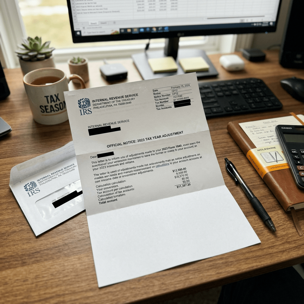 IRS letter showing 2023 tax year adjustment on wooden desk with calculator and notebook