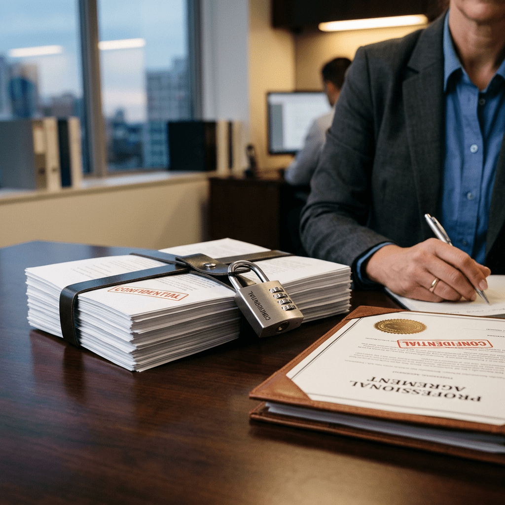 Stack of confidential documents secured with a combination lock on a desk