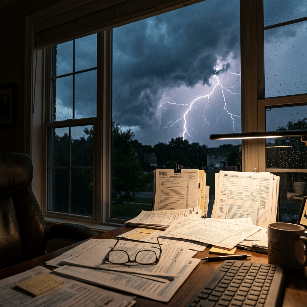 Home office desk with tax documents, glasses, keyboard and lightning storm visible through window