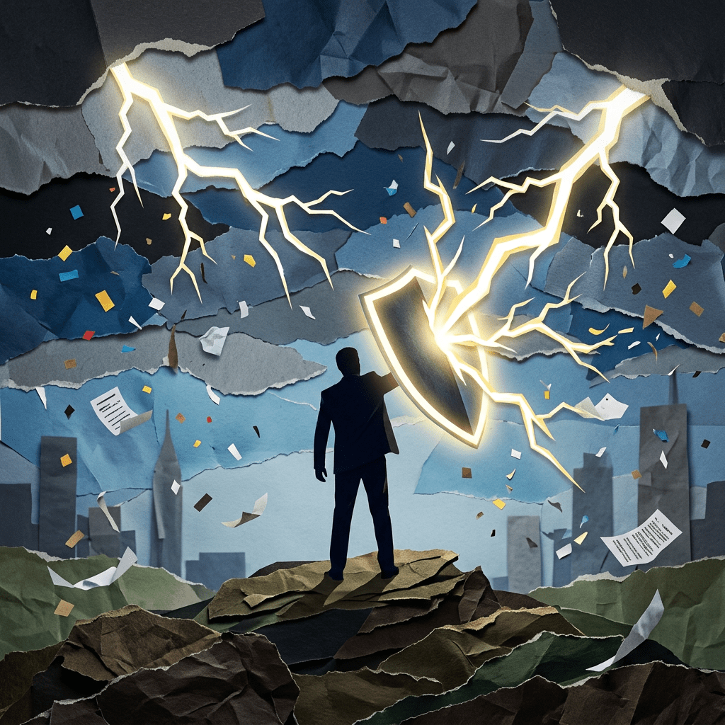 Silhouette standing on rocky ground holding glowing shield blocking lightning in a stormy paper landscape