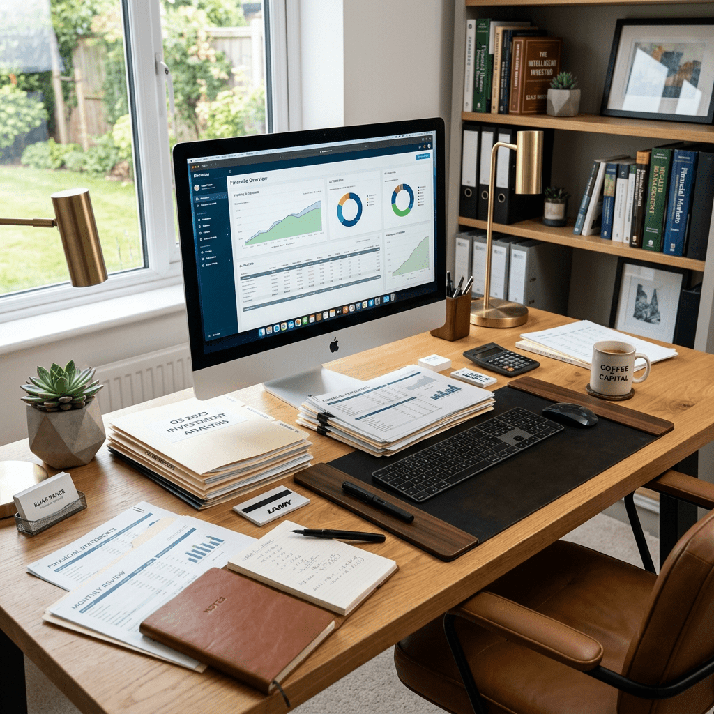 Home office desk with computer showing financial charts, papers, and stationery