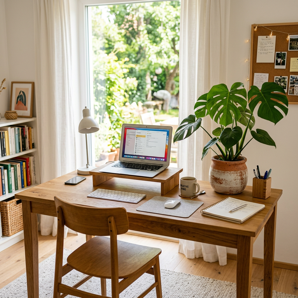 Wooden desk with laptop, keyboard, mouse, notebook, pen holder, coffee mug, and large green potted plant by window
