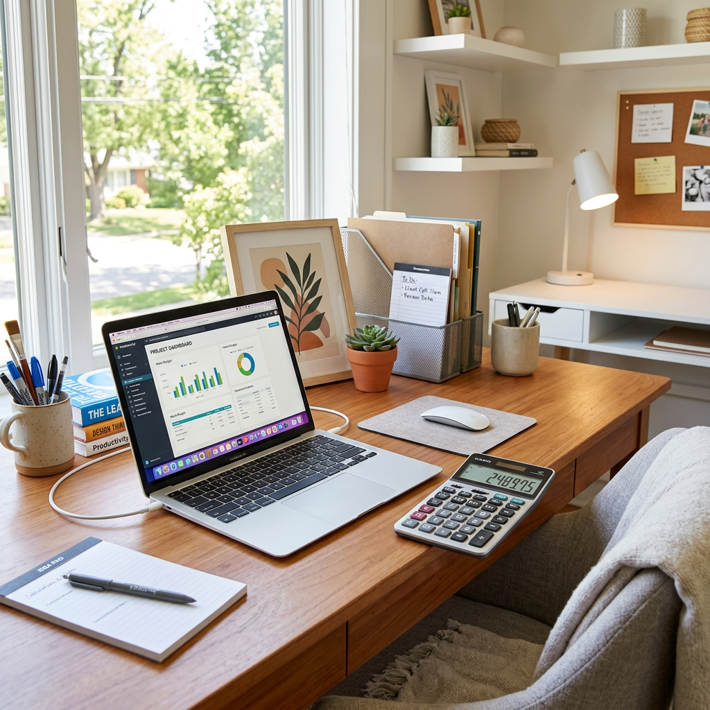 Home office desk with laptop showing project dashboard, calculator, pen and notepad, file organizer, and indoor plants