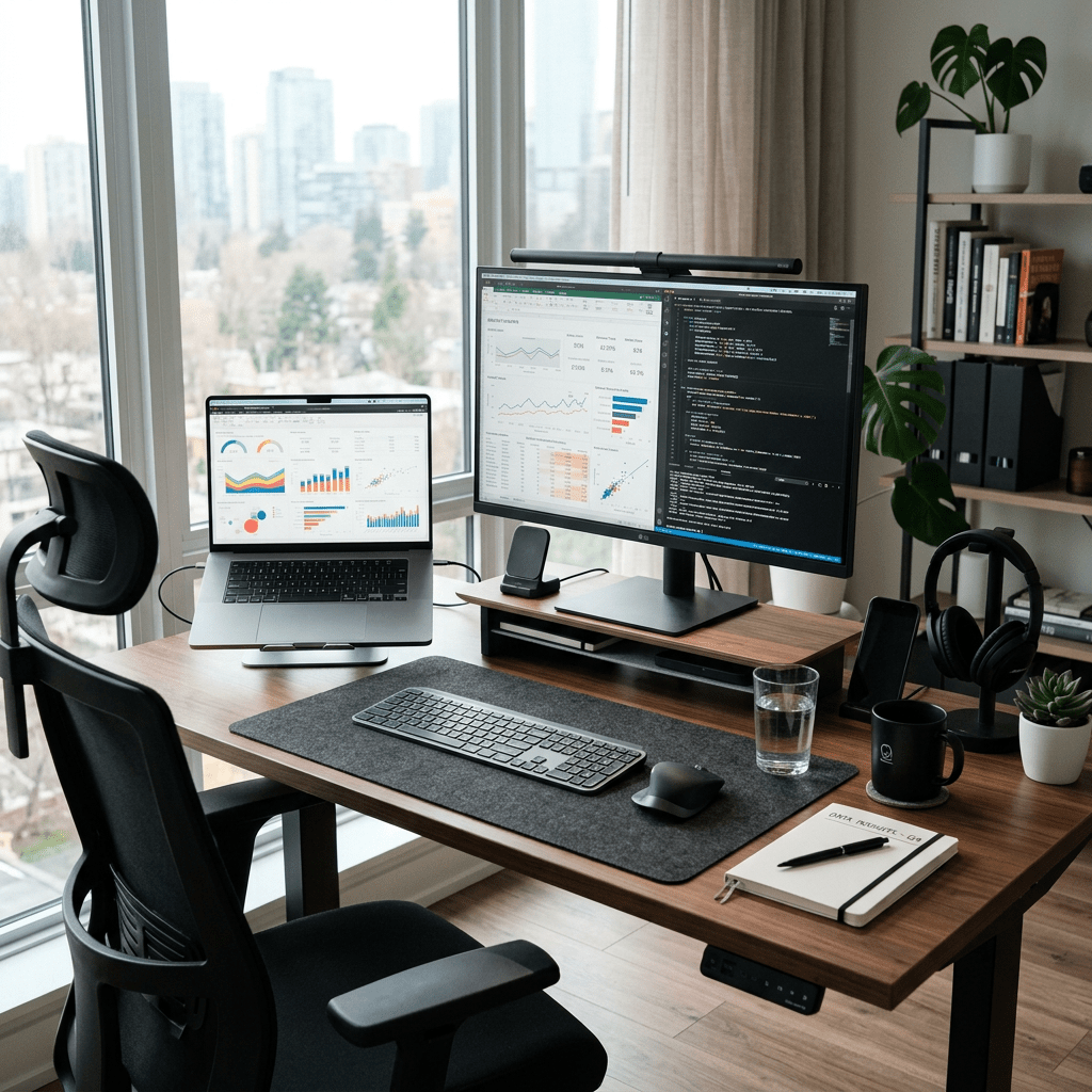 Home office desk with laptop showing charts, monitor with code and charts, keyboard, mouse, and office supplies