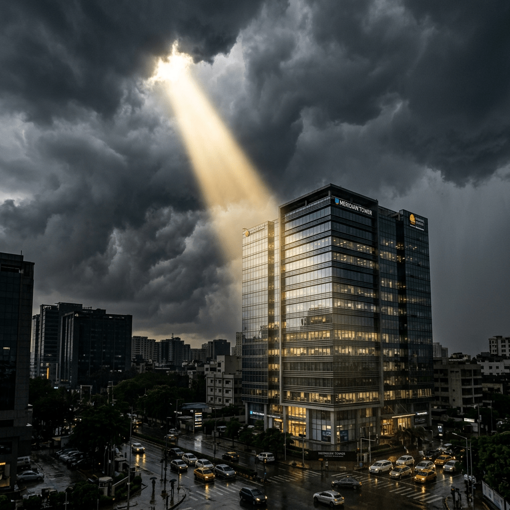 Sunlight shining down on a tall glass office building under dark stormy clouds