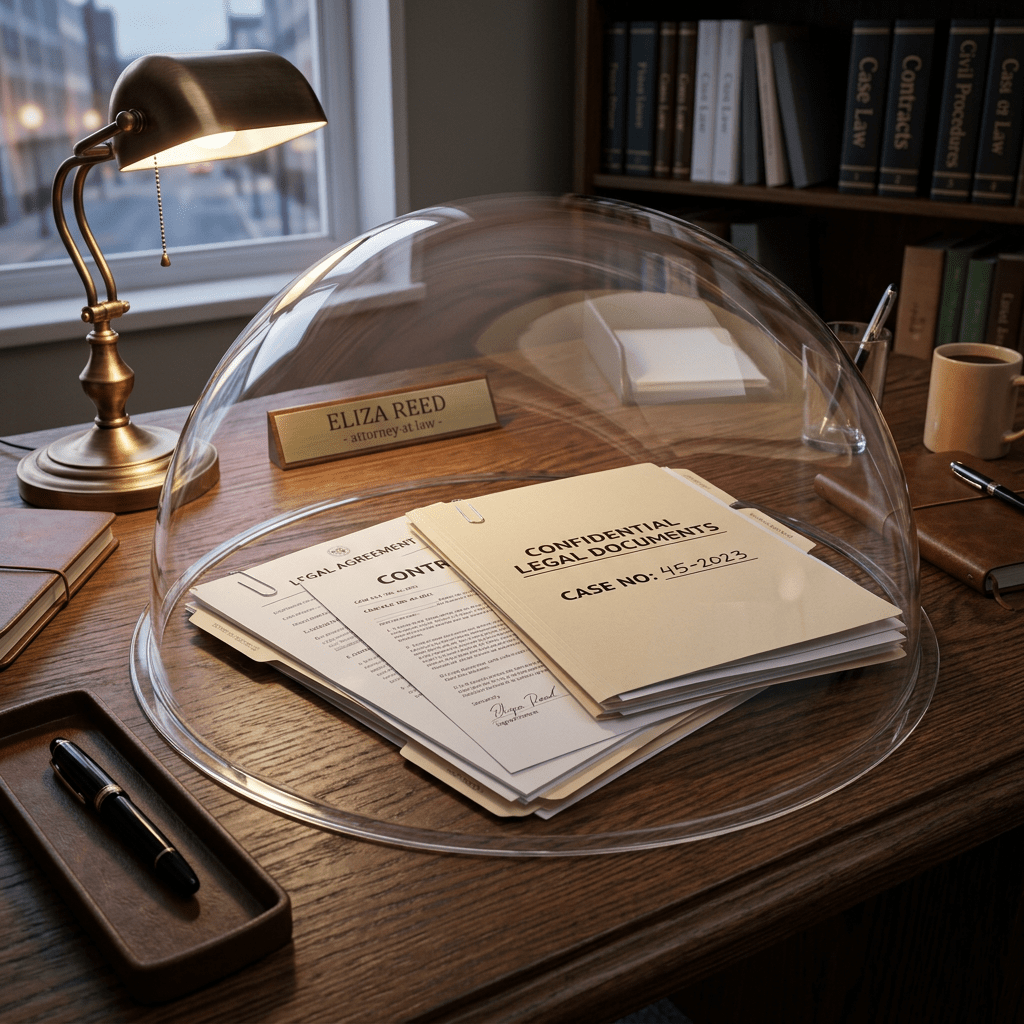 Confidential legal documents labeled case number 45-2023 under a clear protective dome on a wooden desk