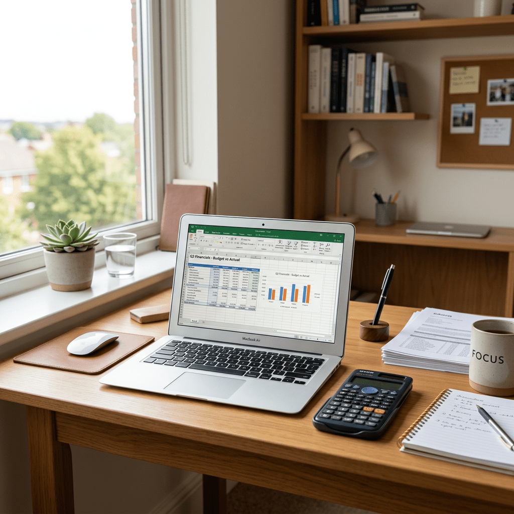 Home office desk with laptop displaying budget spreadsheet, calculator, notebook, pen, plant, and coffee mug