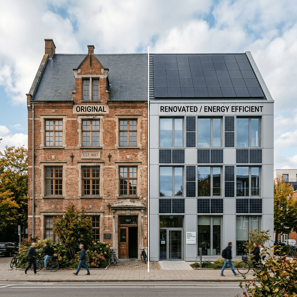 Side-by-side view of an original brick building and a modern energy-efficient renovated building with solar panels