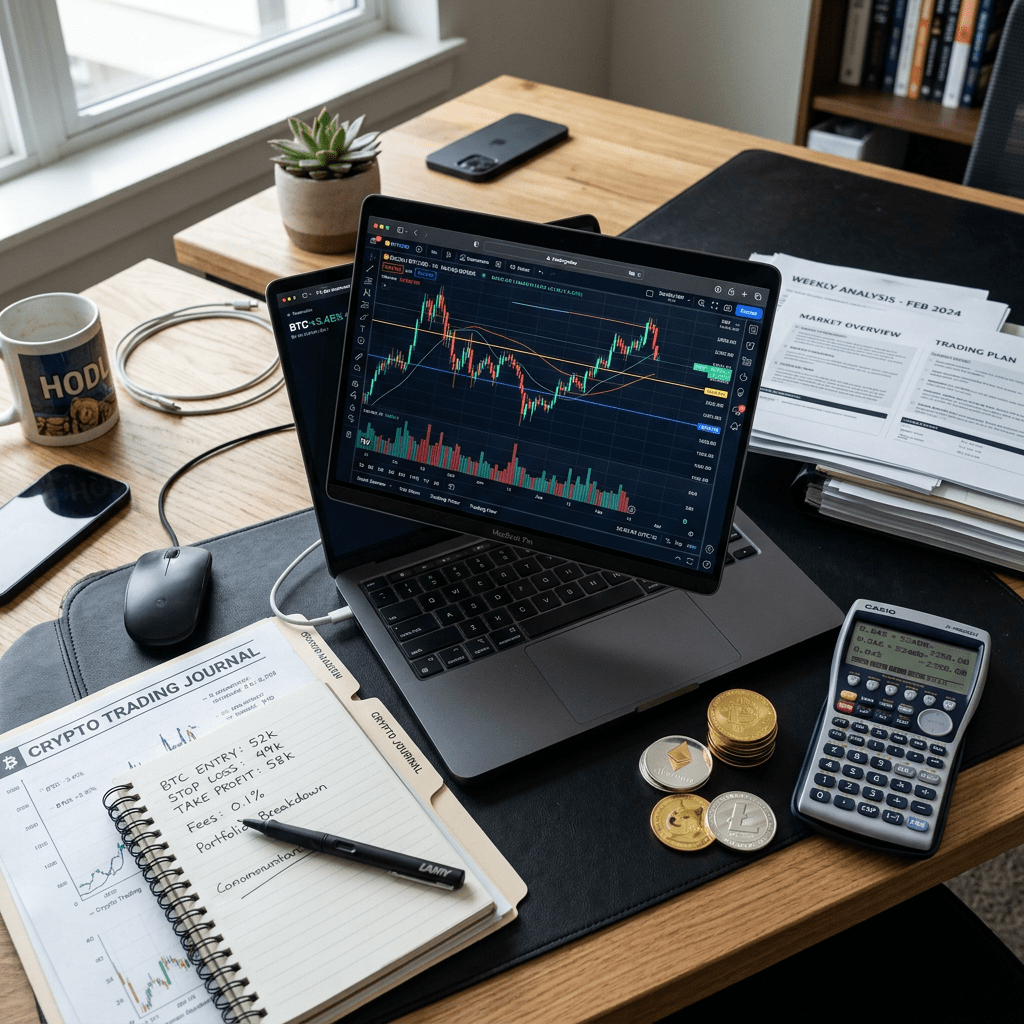 Laptop showing cryptocurrency price charts with trading journal and crypto coins on desk