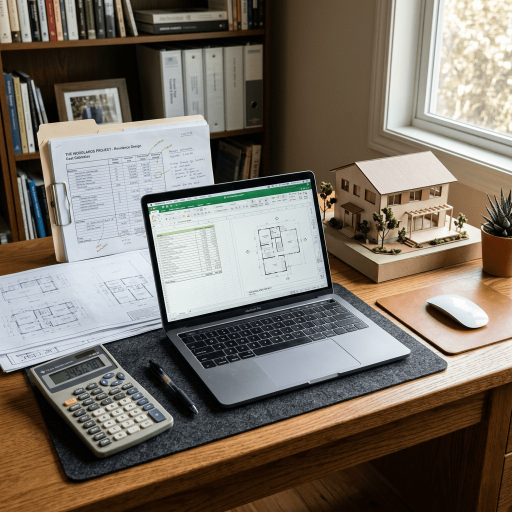 Desk with architectural blueprints, a laptop displaying floor plans, a calculator, a pen, and a model house