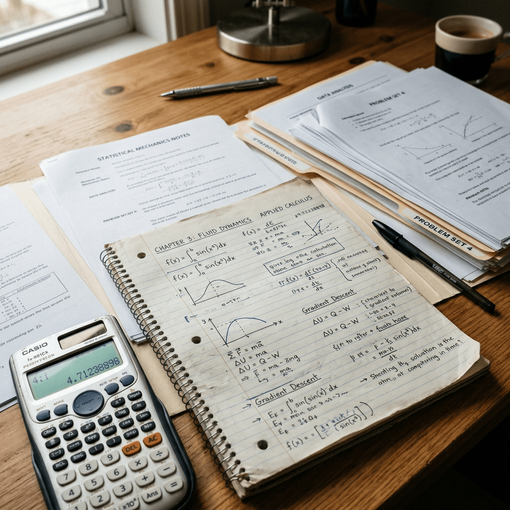 Notebook with handwritten calculus notes, printed problem sets, and scientific calculator on wooden desk