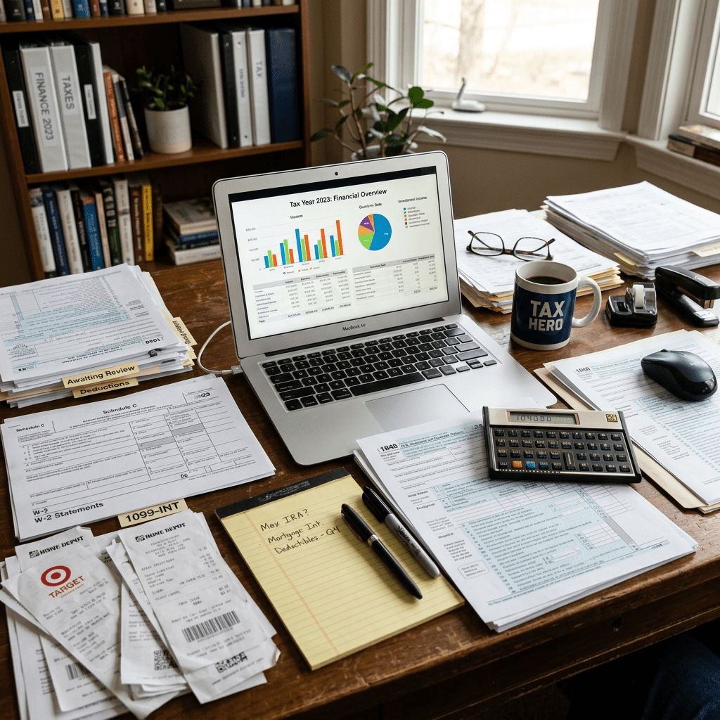 Desk with tax forms, receipts, calculator, laptop displaying tax year 2023 financial overview, and coffee mug