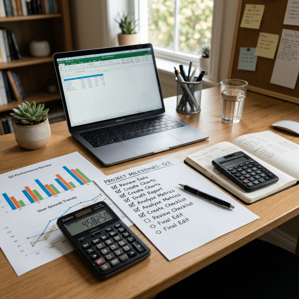 Workspace with laptop showing spreadsheet, project milestone checklist, growth charts, two calculators, notebook, pen, glass of water, and potted plant