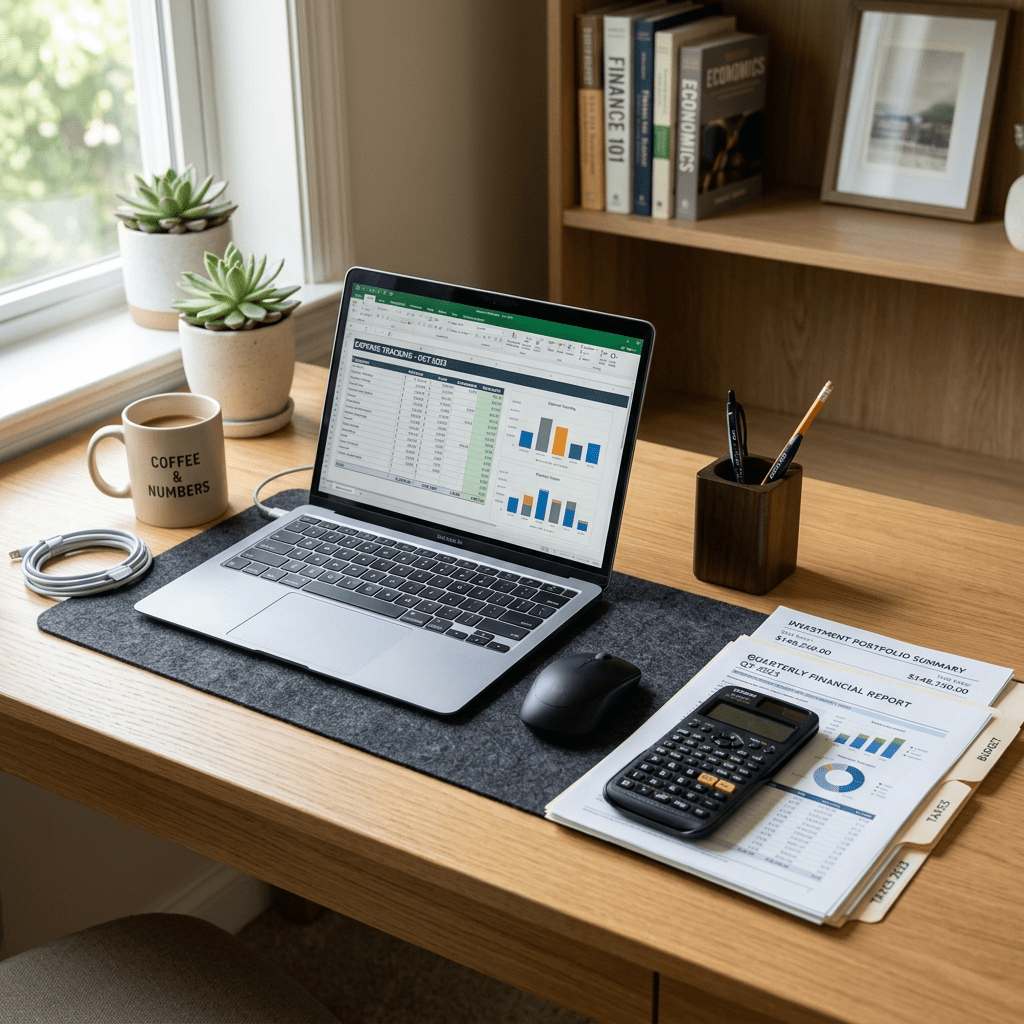 Desk with laptop displaying spreadsheets, calculator, coffee mug, and financial documents