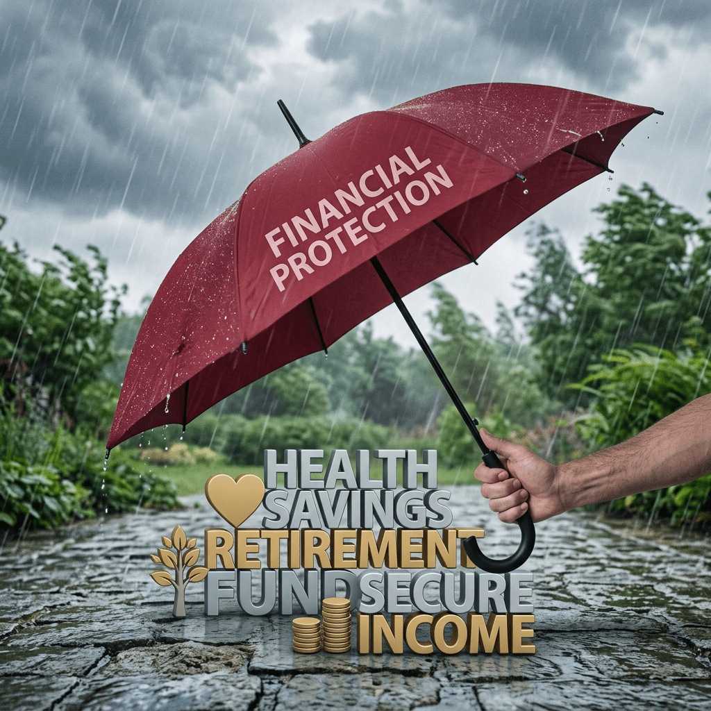Hand holding red umbrella with text 'Financial Protection' protecting financial terms from rain