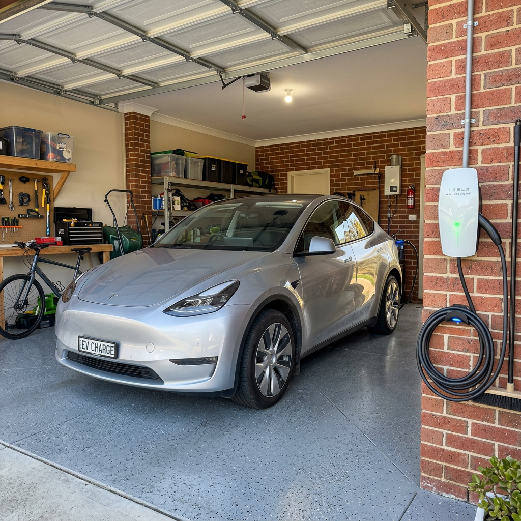 Silver Tesla Model Y electric vehicle charging in residential garage