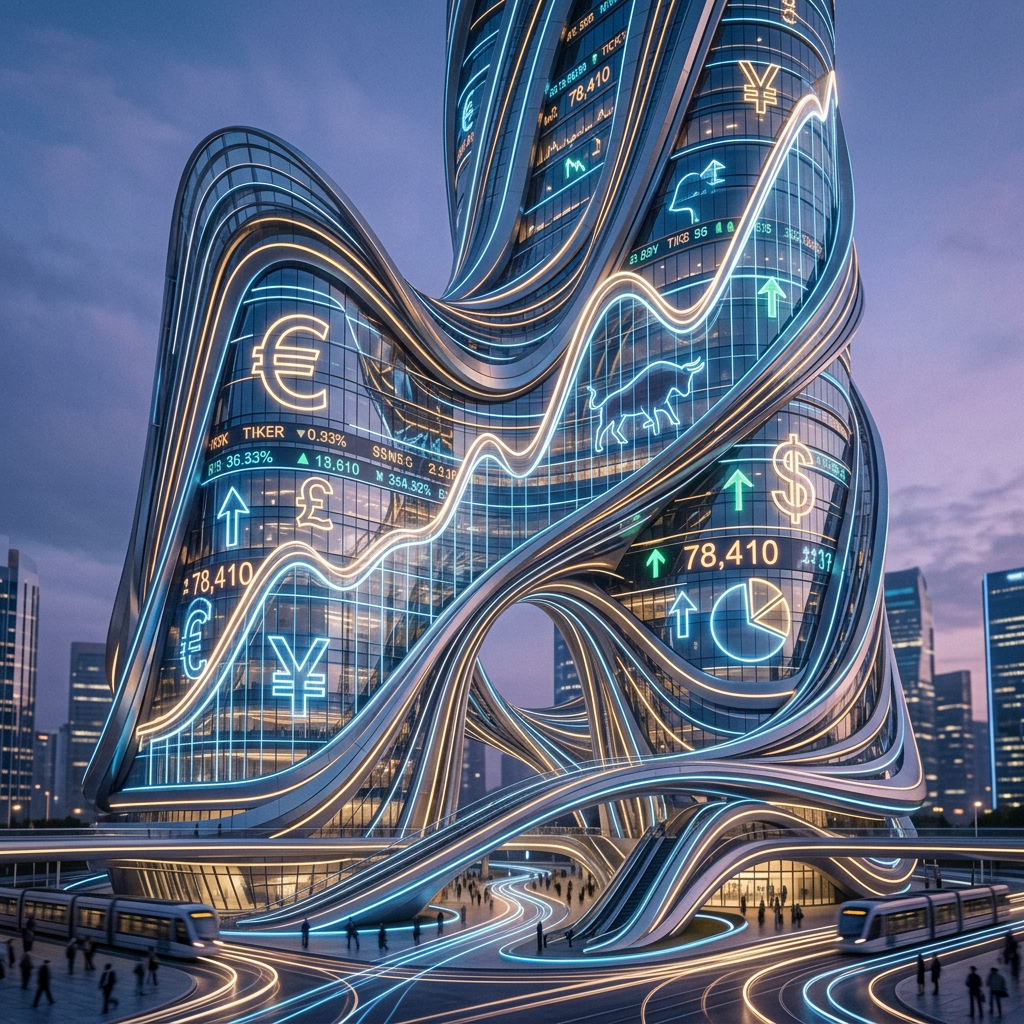 Curved skyscraper with glowing financial symbols and charts