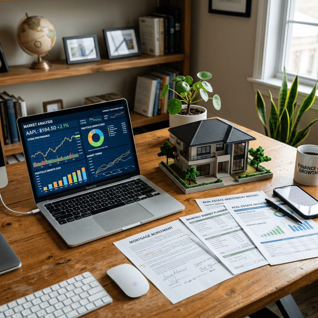 Laptop showing market analysis charts, mortgage agreement, real estate investment reports, house model, and coffee mug on wooden desk