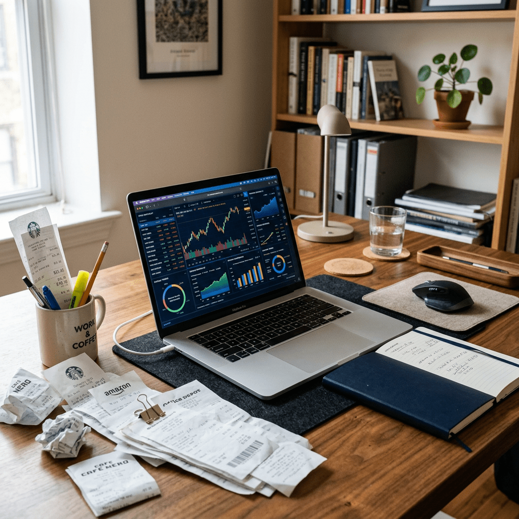Laptop showing stock market charts on desk with receipts, notebook, and office supplies