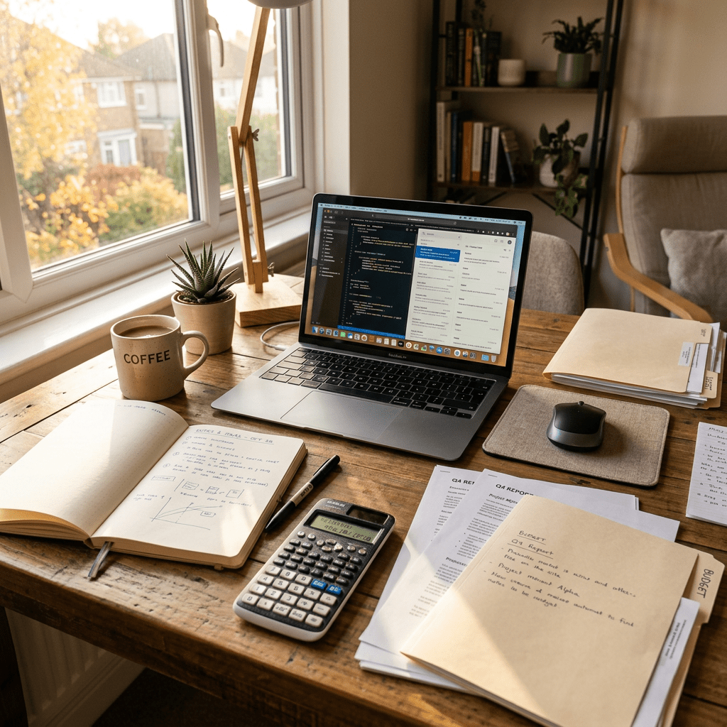 Laptop screen showing code and emails on desk with notebook, coffee mug, calculator, and papers
