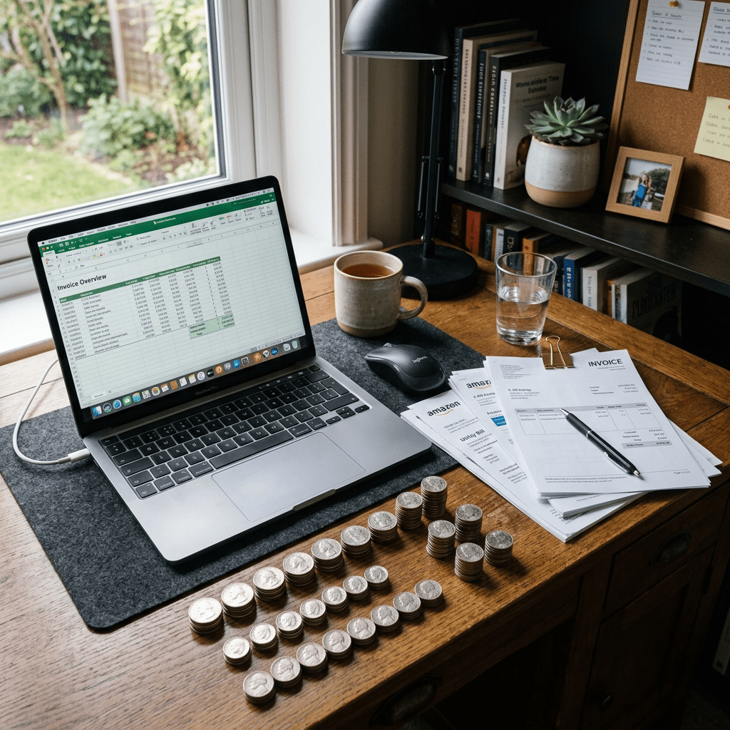 Laptop displaying invoice spreadsheet, stacks of coins, invoices, coffee cup, and glass of water on wooden desk