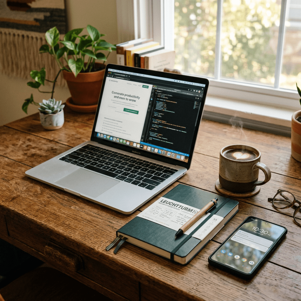 Laptop displaying coding and productivity website, notebook with pen, coffee cup, smartphone, and plants on wooden desk