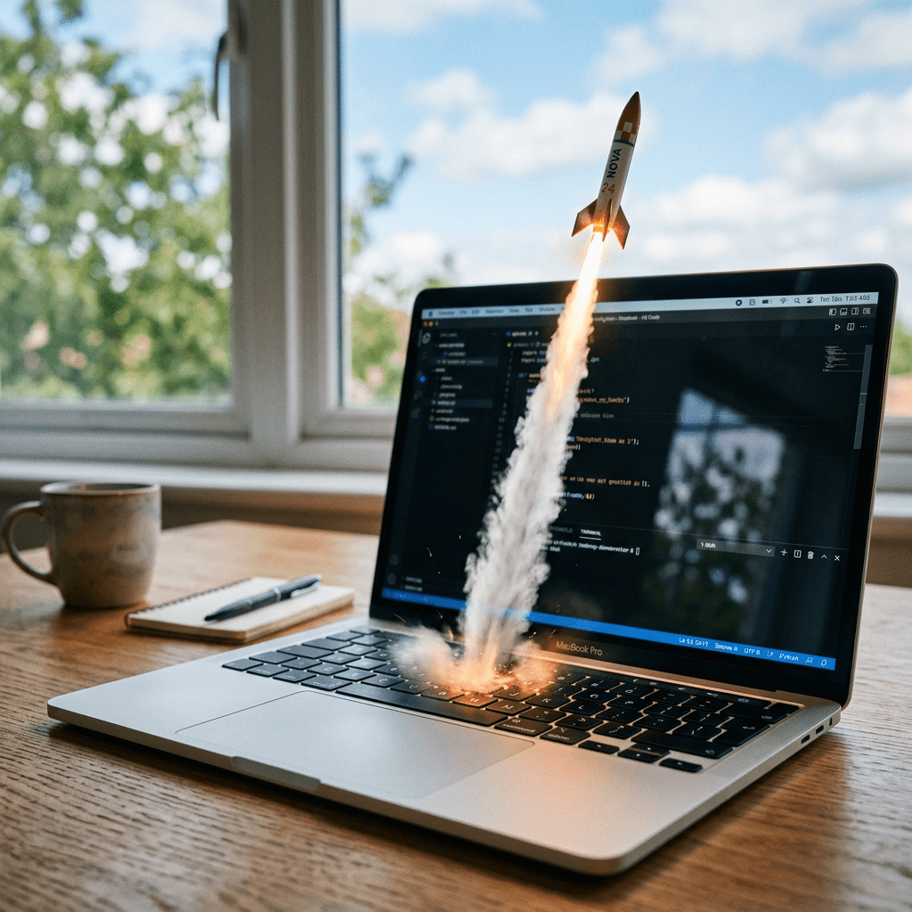 Rocket launching from laptop keyboard with code on screen