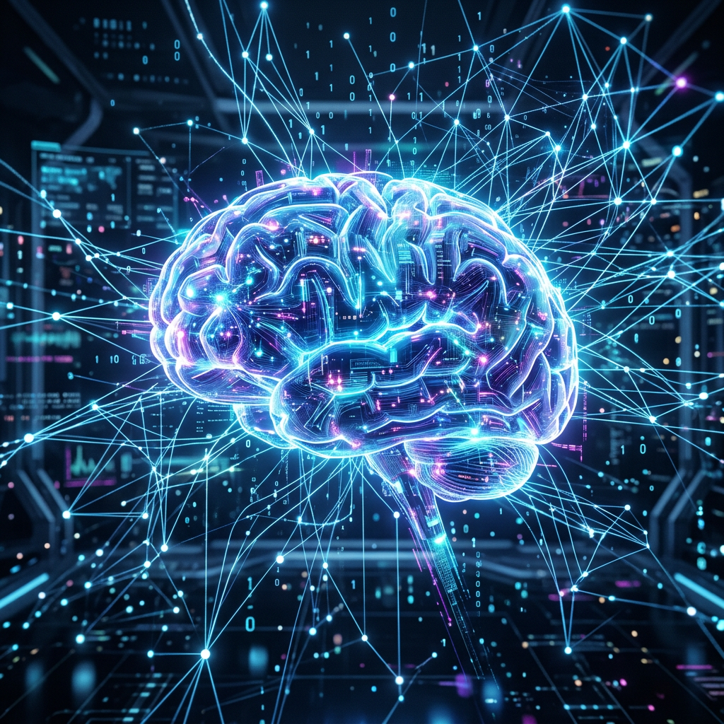 Glowing digital brain with interconnected neural network lines and data points