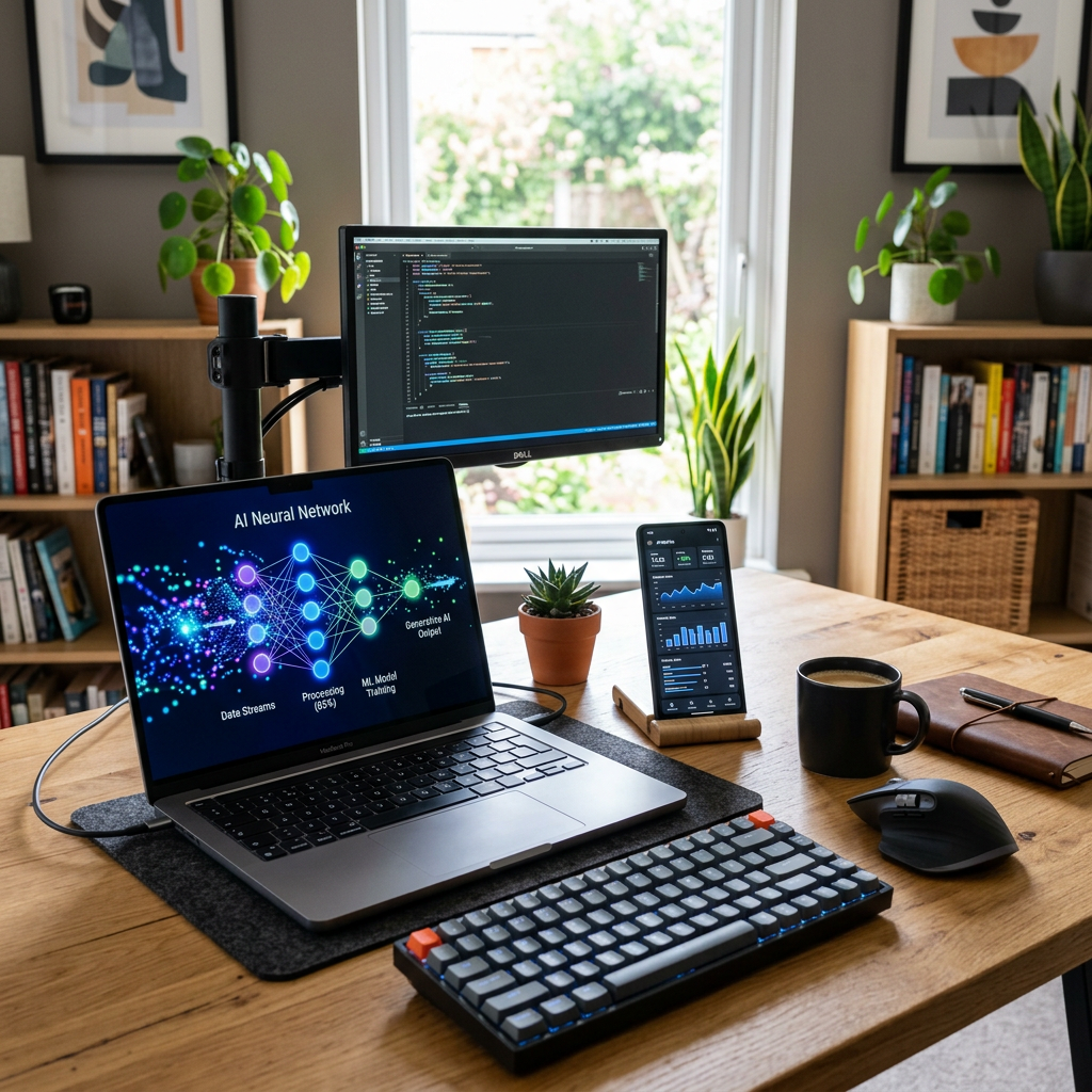 Home office desk with laptop displaying AI neural network, monitor showing code, and smartphone with analytics dashboards