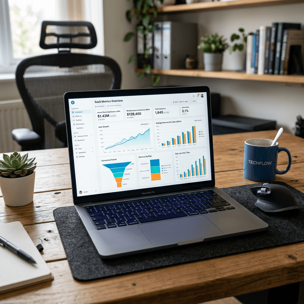 Laptop screen displaying SaaS metrics including user growth, revenue, and churn rate charts