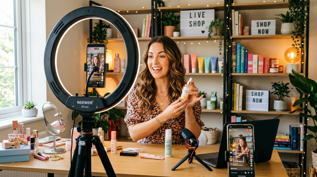 Woman holding skincare bottle during live beauty product demonstration with ring light, phone, and microphone