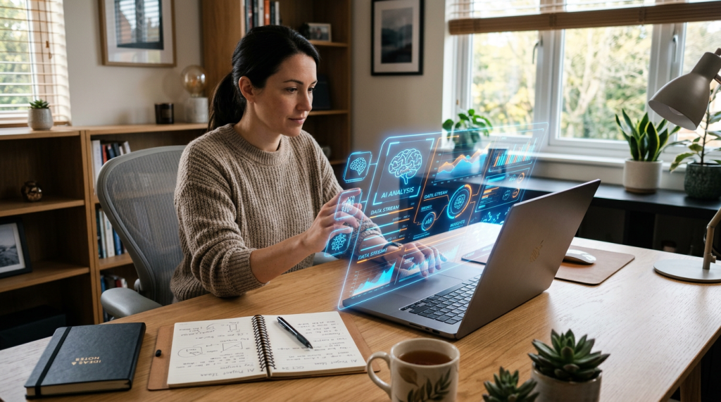 Woman interacting with holographic AI data and graphs projected above a laptop in a home office