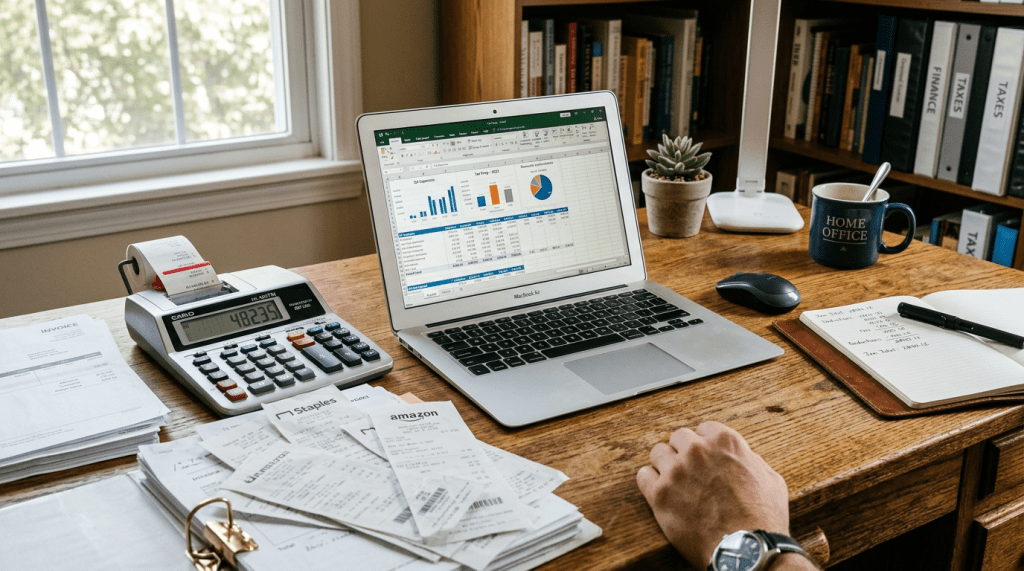 Desk with laptop showing spreadsheet, calculator printing receipt, paper receipts, notebook with notes, and home office mug