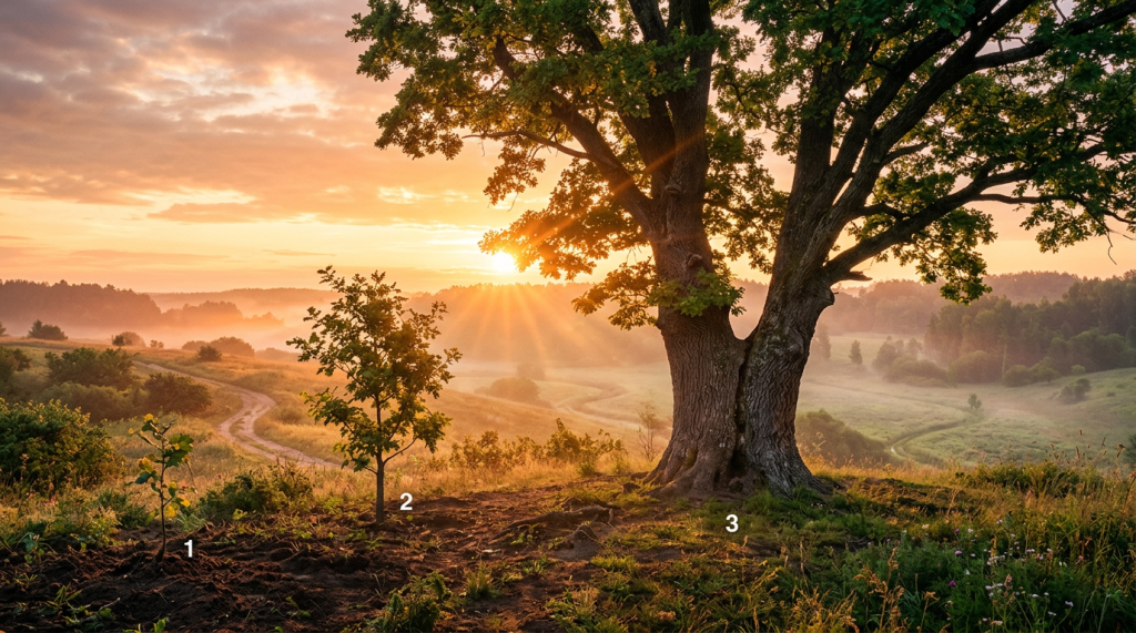 Three trees of different sizes numbered 1, 2, and 3 under a sunrise with a rural landscape