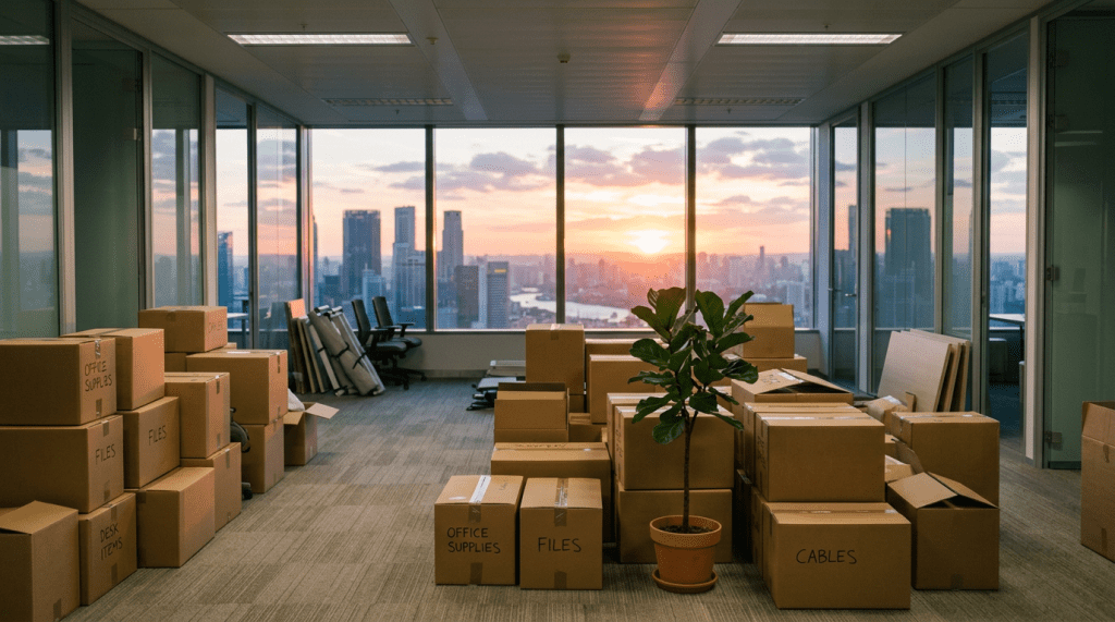 Stacked cardboard boxes labeled for office supplies, files, cables and a potted plant in an office space with city skyline at sunset