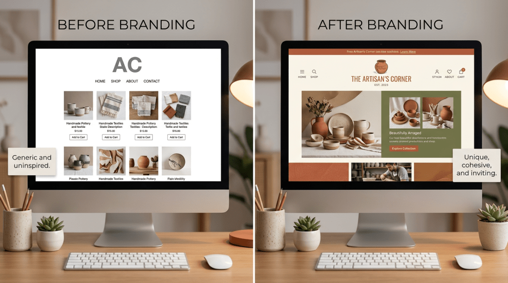 Side-by-side desktop screens showing a website before branding with generic layout and after branding with cohesive design and artisan theme