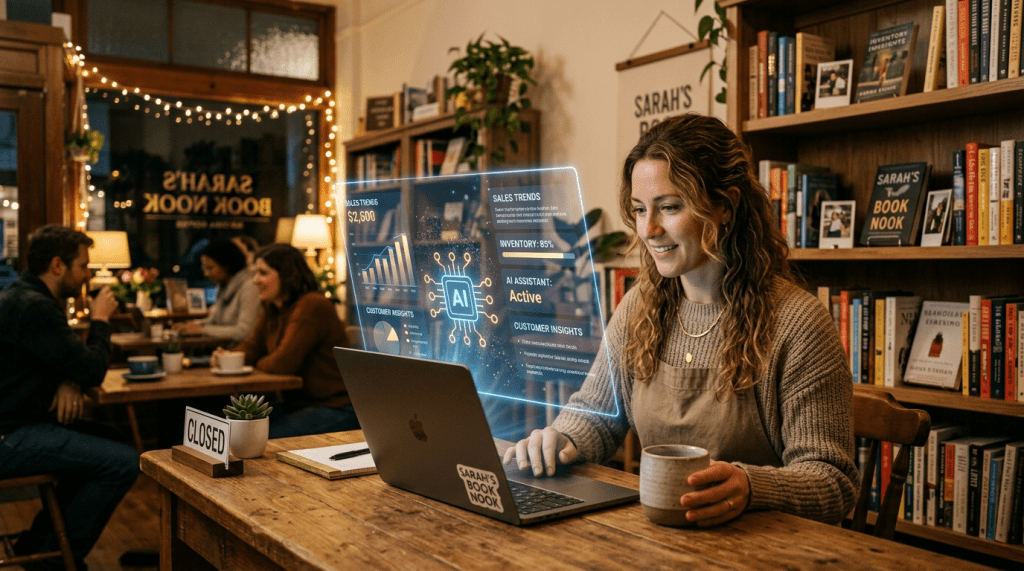 Woman working on a laptop with an AI analytics interface in a cozy bookstore cafe